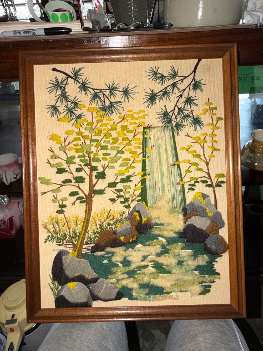 Vintage crewel Embroidered Waterfall Wall Art - Yellow & Green